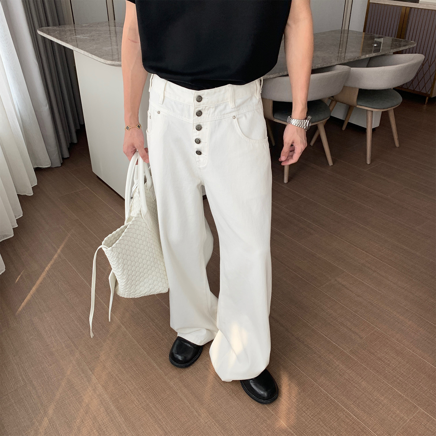 Hualun2026超火男士纯棉牛仔裤韩版白色直筒裤子ins潮流百搭长裤