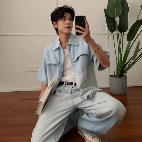 HLDS夏季牛仔套装男薄款短袖