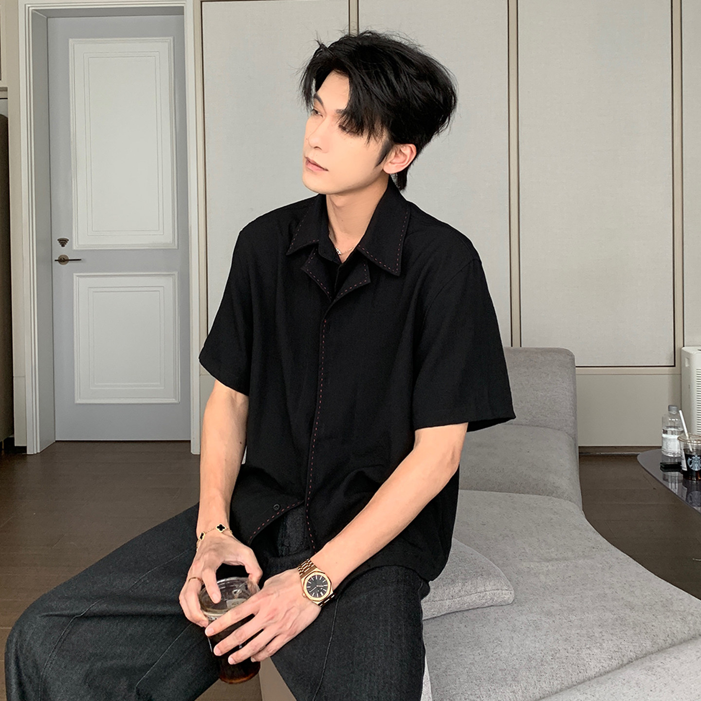 HLDS棉麻衬衫男款短袖设计感衬衣图片