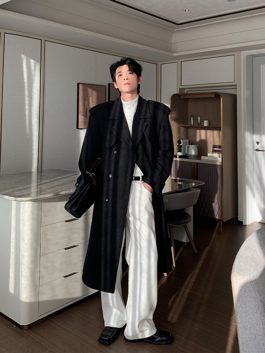 HUALUN MENS SUPER GOOD LOOKING TRENCH COAT AUTUMN WINTER MENS LONG COAT JACKET MENS KOREAN DOUBLE-BREASTED OVER-THE-KNEE COAT