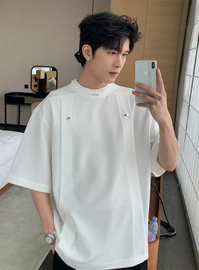 Hualun夏季白色男生短袖冰丝宽松T恤oversize潮牌高级感潮流体恤