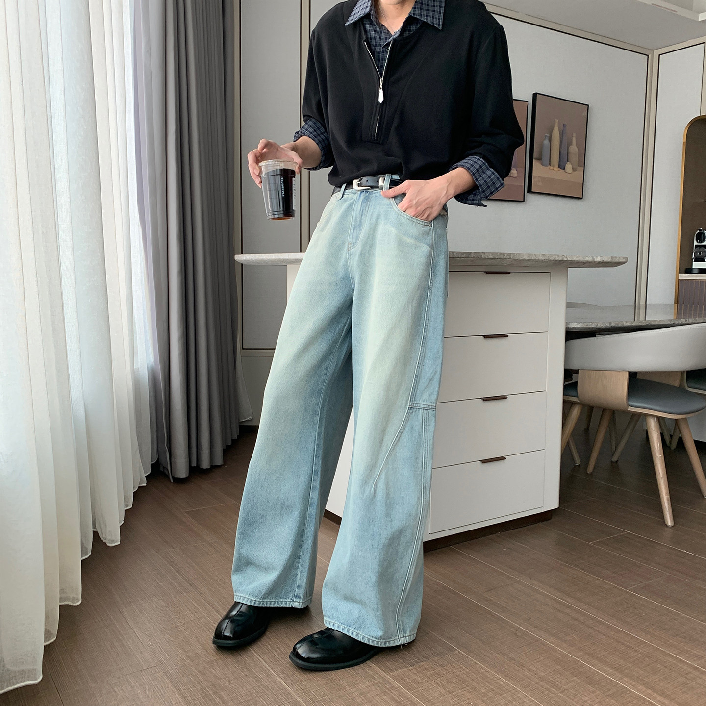 Hualun春秋薄款水洗牛仔裤男款宽松直筒cleanfit裤子男韩版阔腿裤