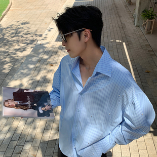 痞帅衬衣 设巨好看设计感休闲上衣韩版 Hualun条纹钉珠衬衫 男生长袖