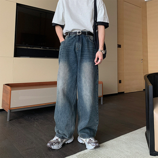 男直筒裤 Hualun男生穿搭高级感裤 牛仔裤 炸街痞帅深蓝色薄款 子夏季