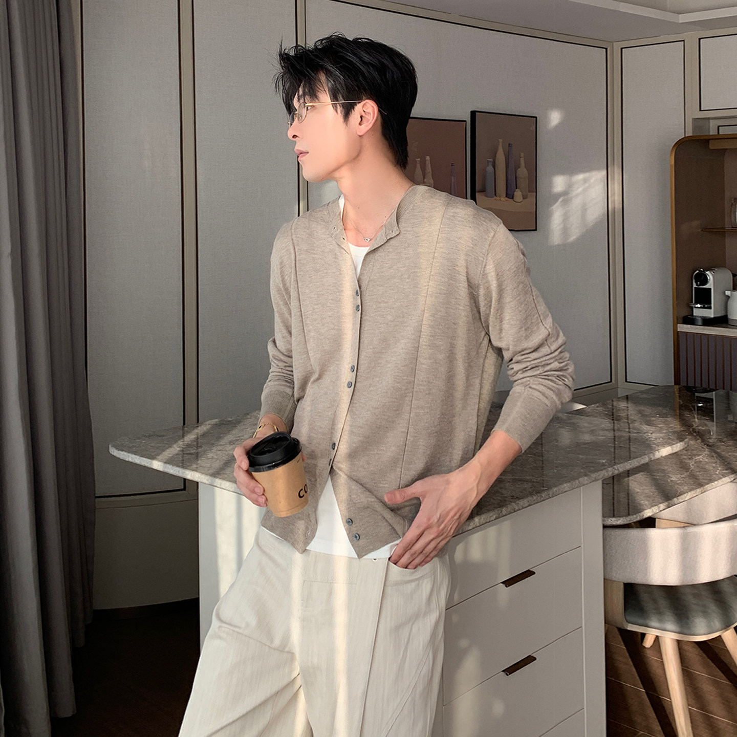 Hualun老钱风男装丝光羊毛薄款针织开衫毛衣男外套简约风韩系穿搭