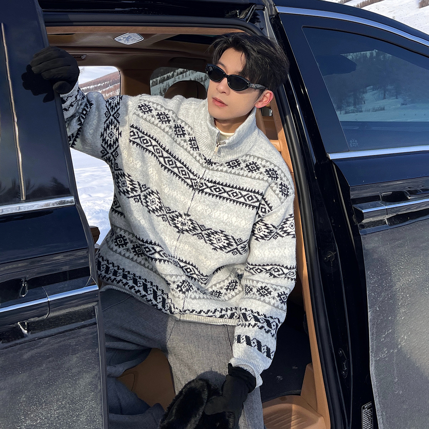 Hualun冬季高领毛衣男针织开衫