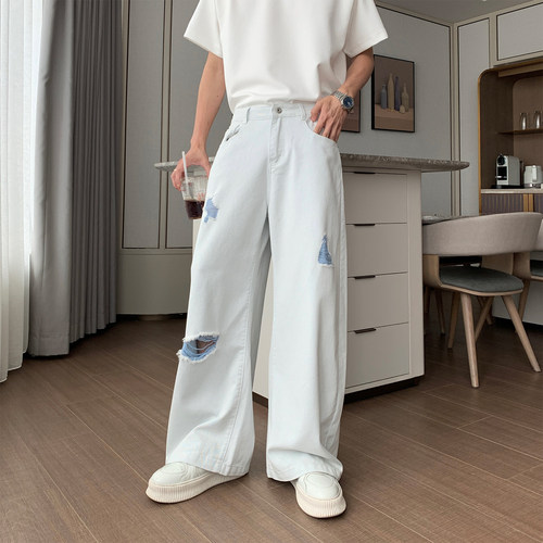 Hualun夏季浅色破洞牛仔裤