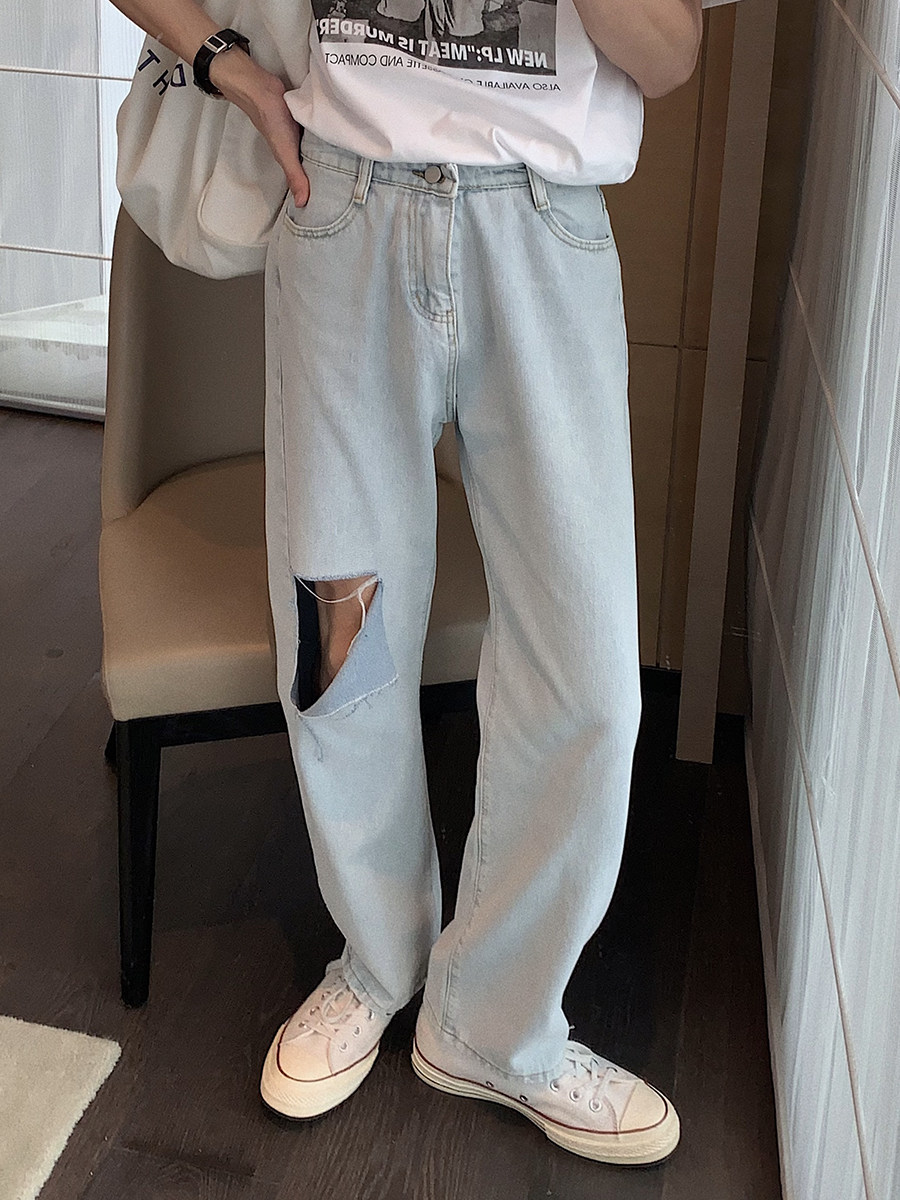 Hualun summer thin ice oxygen bar ripped jeans men's beggar trousers light-colored tide broken loose straight-leg pants