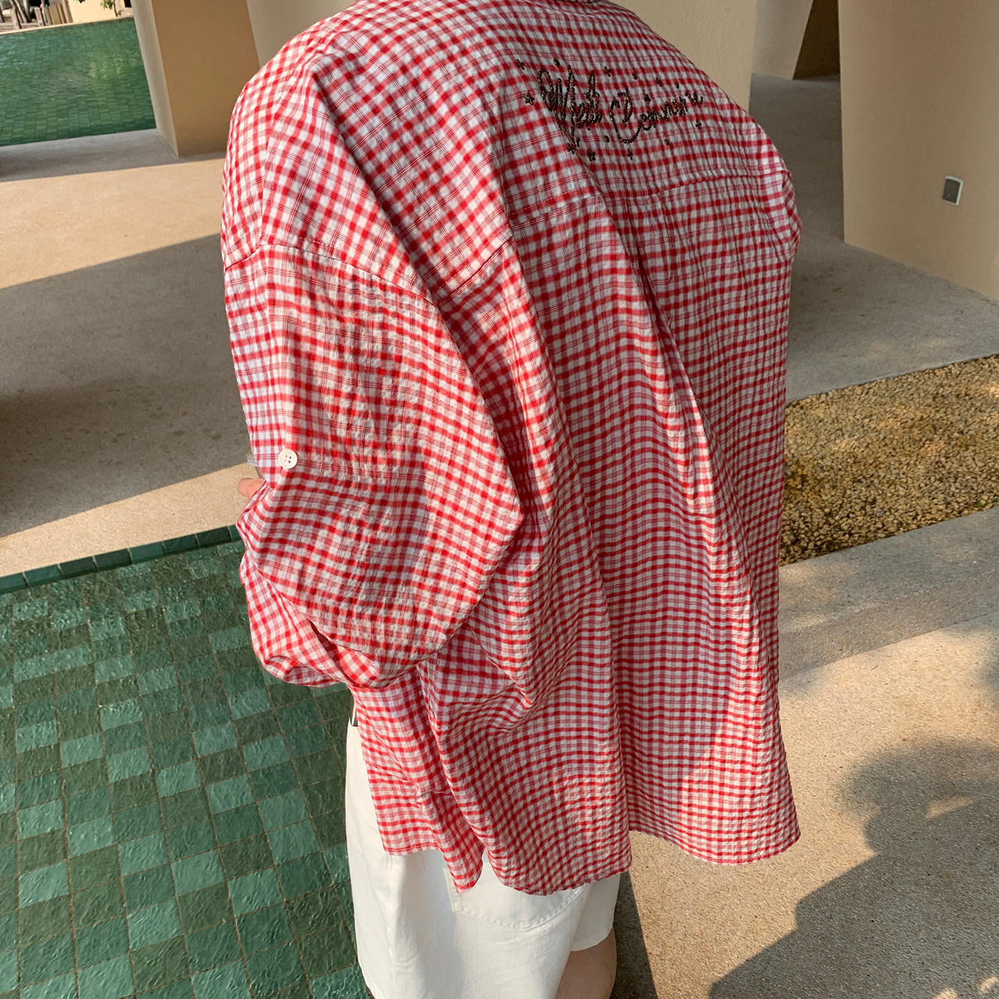 HLDS夏季褶皱巨好看的红色格子衬衫男长袖宽松翻领衬衣休闲上衣