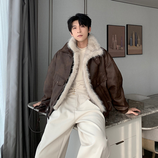 Hualun皮毛一体外套男生保暖加厚皮夹克cleanfit潮牌高级感皮衣
