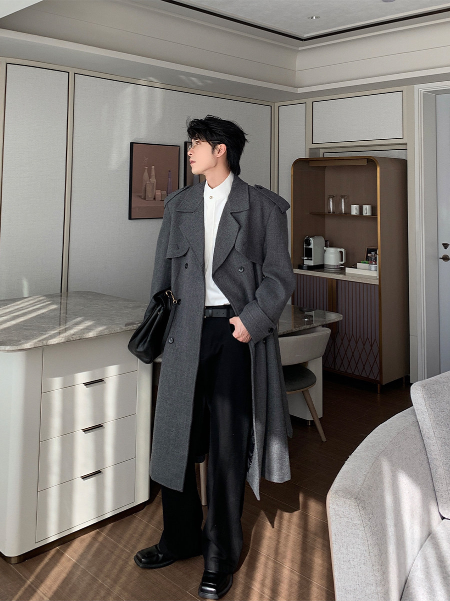 HUALUN MENS SUPER GOOD LOOKING TRENCH COAT AUTUMN WINTER MENS LONG COAT JACKET MENS KOREAN DOUBLE-BREASTED OVER-THE-KNEE COAT