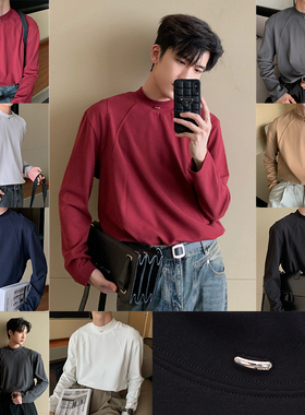 Hualun春秋半高领白色T恤男长袖oversize百搭打底衫潮ins休闲上衣