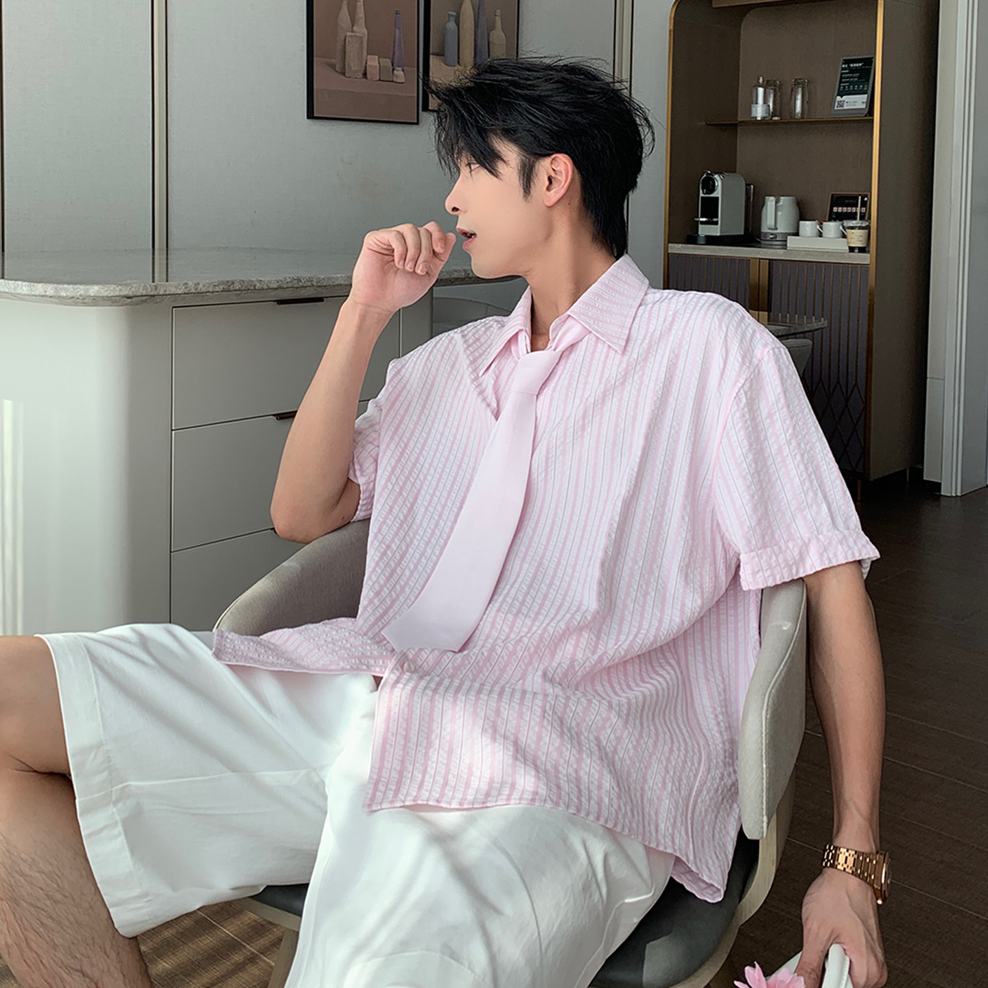 HLDS男生夏日条纹衬衫男款短袖图片