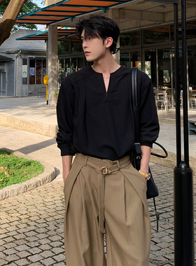 Hualun秋冬V领宽松衬衫男生灰色内搭打底衫男款cleanfit长袖衬衣