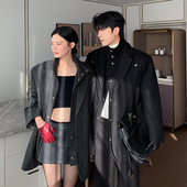 外套韩版 Hualun男士 高级感西装 假两件毛呢西服男黑色垫肩呢子便西