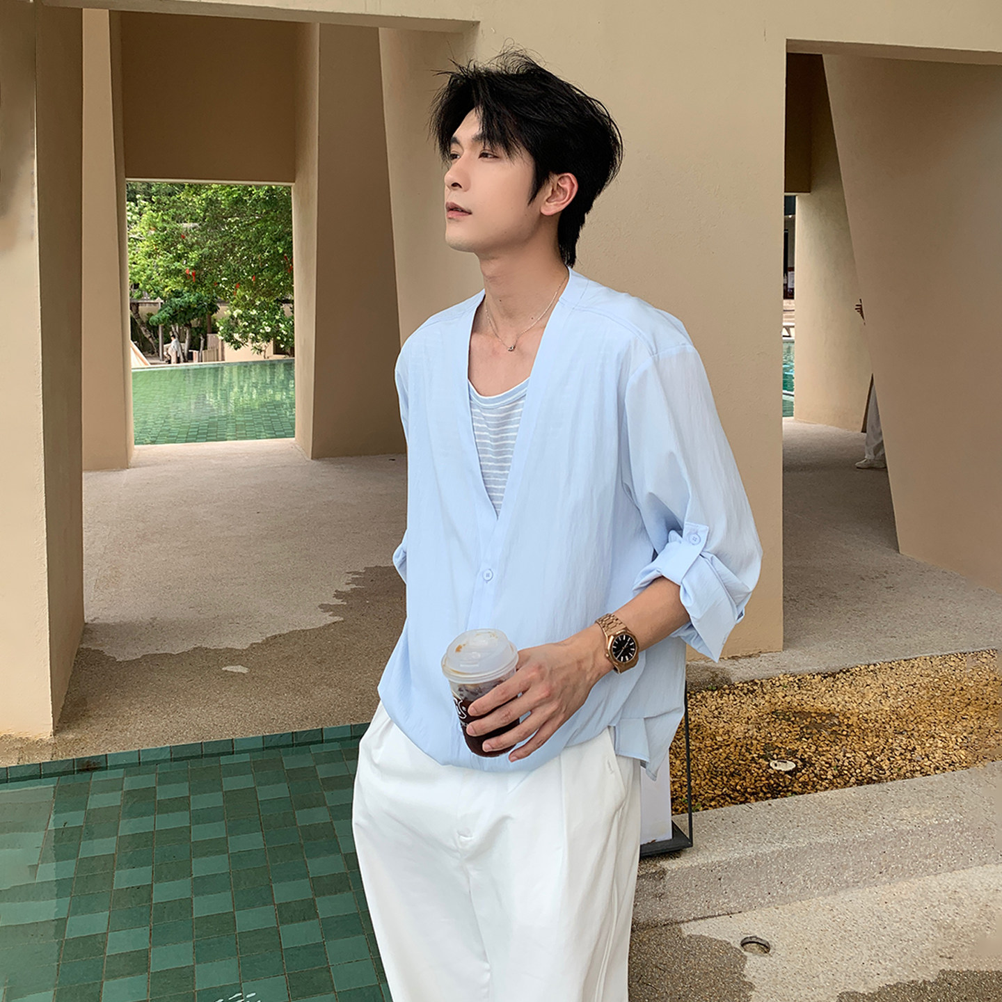HLDS莱赛尔肌理感假两件衬衫男长袖韩系百搭休闲上衣防晒亚麻衬衣