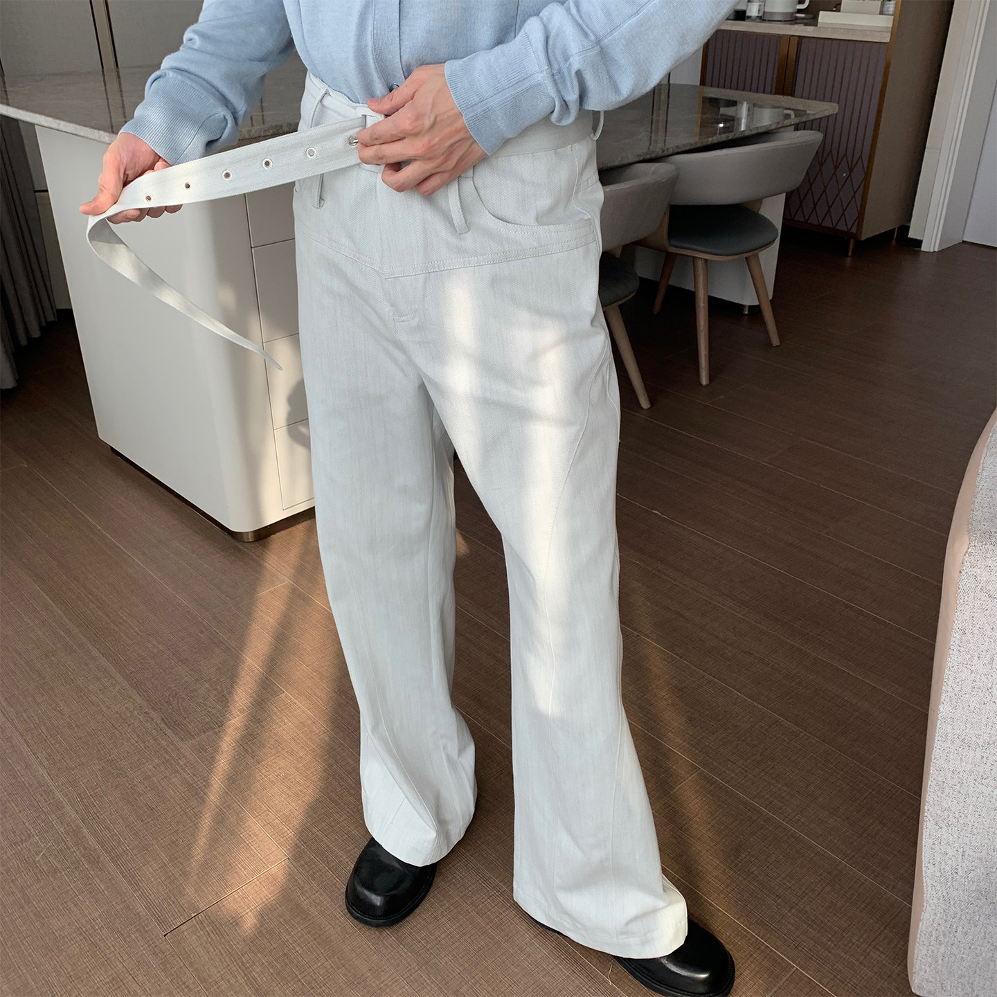 Hualun男士巨好看自带腰带裤子微喇裤男款休闲裤oversize宽松长裤