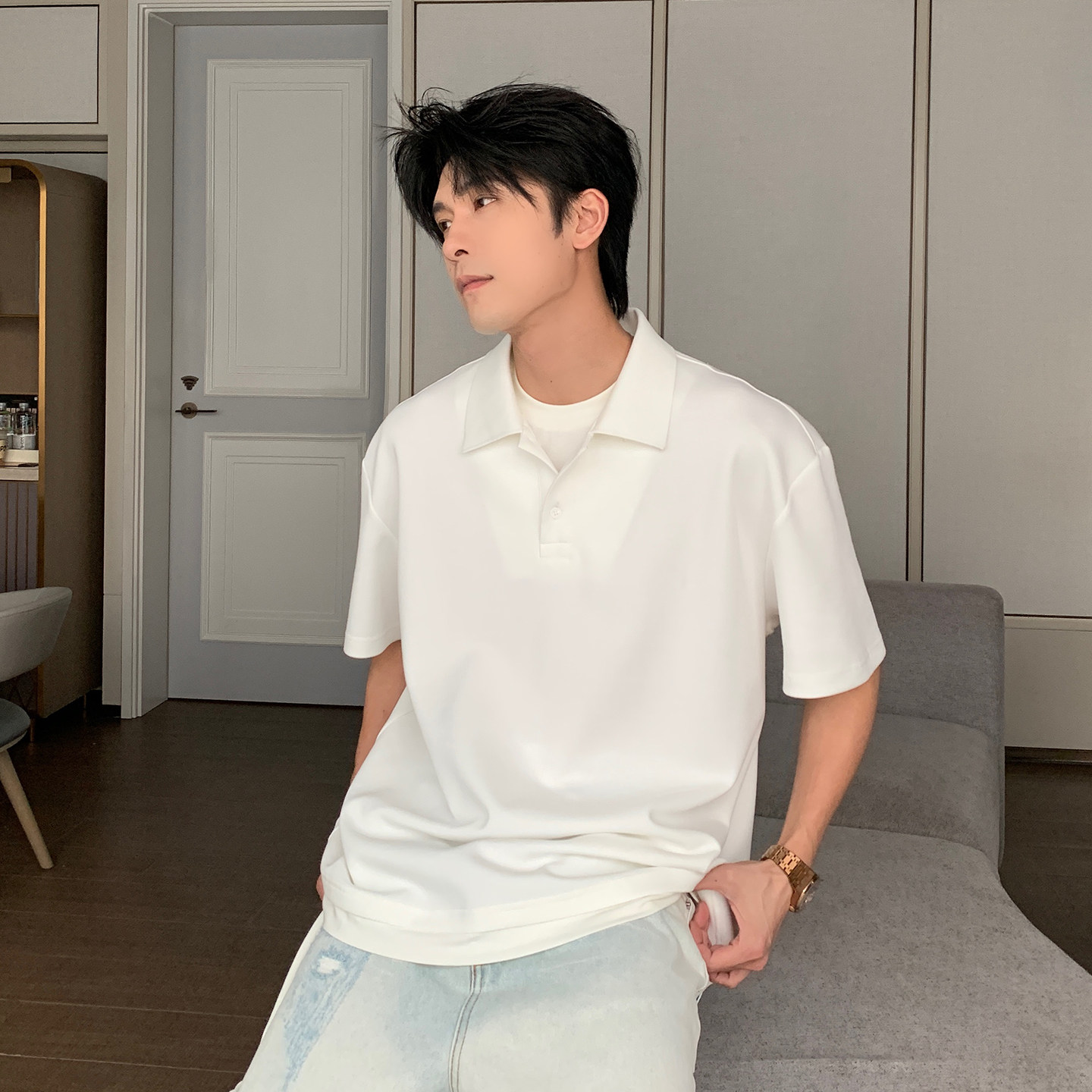 HLDS夏季假两件短袖男款polo衫男装翻领T恤男生韩版宽松休闲上衣