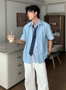 HLDS夏季蓝色条纹假两件痞帅衬衫男免烫休闲衬衣韩版宽松百搭上衣