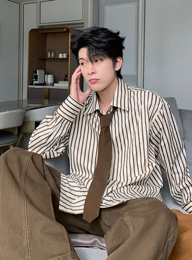 Hualun春秋蓝色条纹衬衫男长袖宽松纯棉衬衣潮流百搭韩系休闲上衣