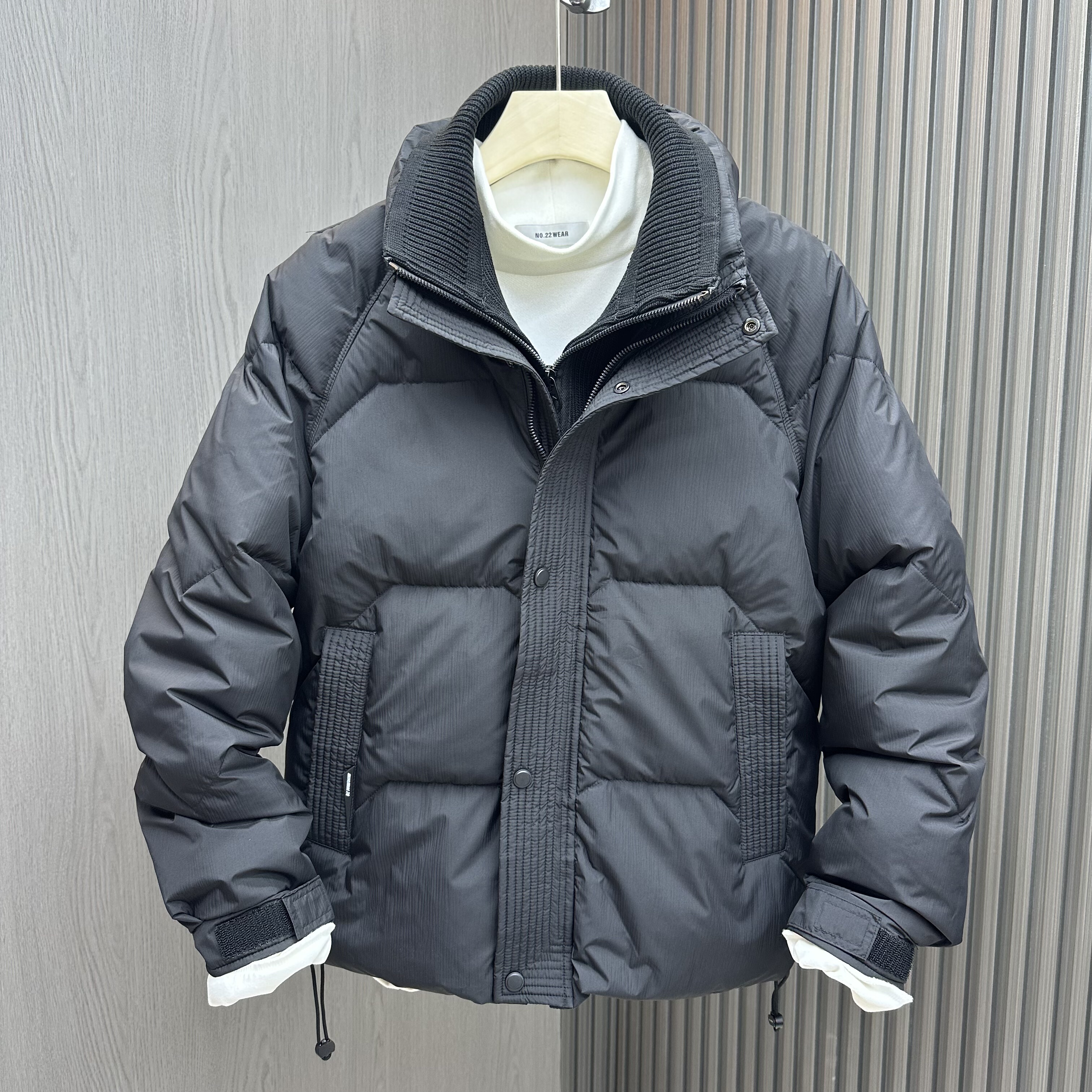 针织假两件双层立领设计蓬松羽丝绒男士冬季加厚保暖宽松纯色外套