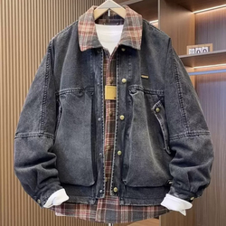 2025男士羽绒服冬季新款翻领牛仔格子拼接假两件宽松加厚保暖外套