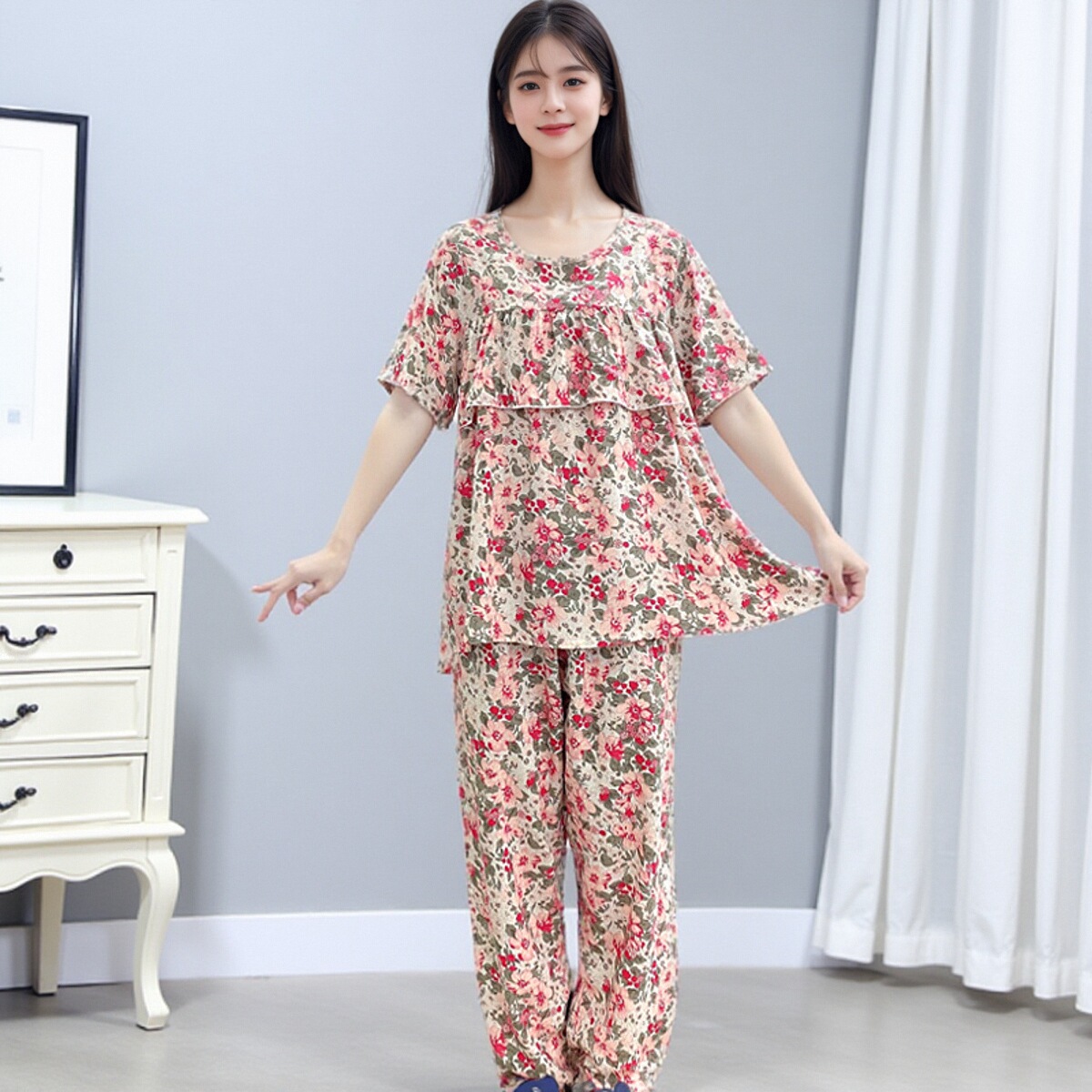 女士睡衣夏季爆款棉绸短袖长裤新款防凸点家居服套装可外穿Y112