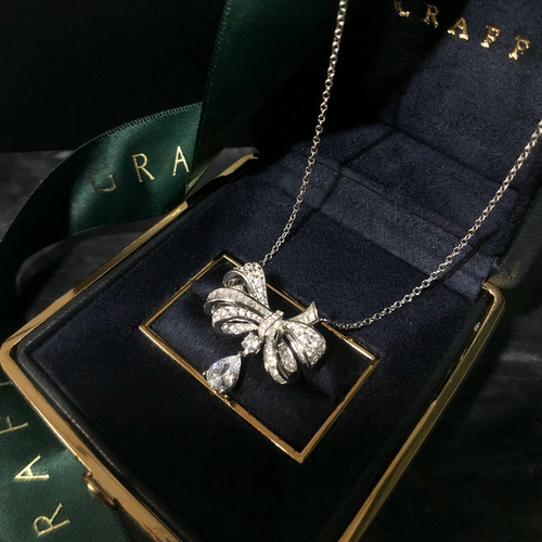 珠宝级～水滴蝴蝶结项链70分主钻戒指925纯银bow锁骨链女轻奢满钻