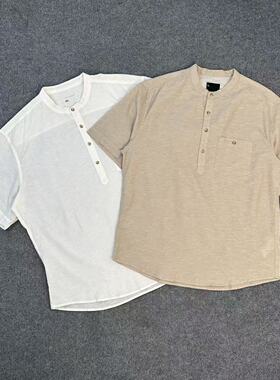 K6097新款亨利领短袖衬衫男宽松休闲口袋款慵懒风通勤百搭上衣