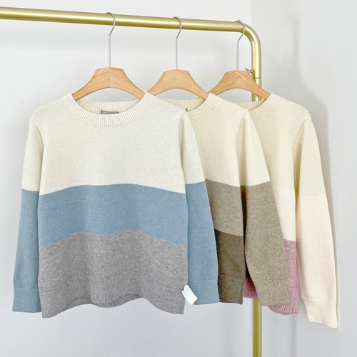 E7102外贸新款女装拼色条纹圆领保暖毛衣宽松休闲长袖针织衫