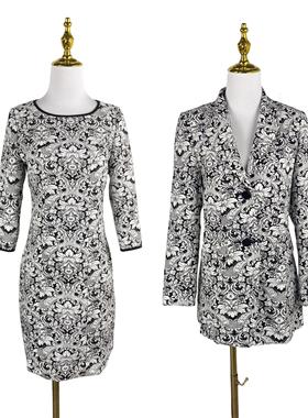 H3096外贸新款复古印花圆领女裙修身显瘦妈妈裙七分袖气质连衣裙