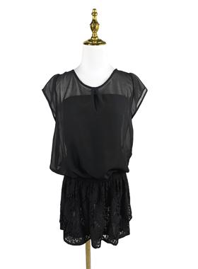 A1093夏季新款假两件气质显瘦女裙松紧腰蕾丝拼接圆领连衣裙