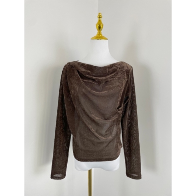 J2127日单新款女装荡领修身气质上衣优雅气质不规则设计长袖上衣