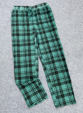 E8001秋冬摇粒绒家居裤2025新款女装抽绳系带松紧腰舒适格子睡裤