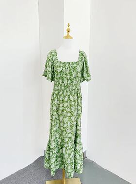 B3253夏季新款方领绿色碎花连衣裙收腰泡泡袖度假长裙