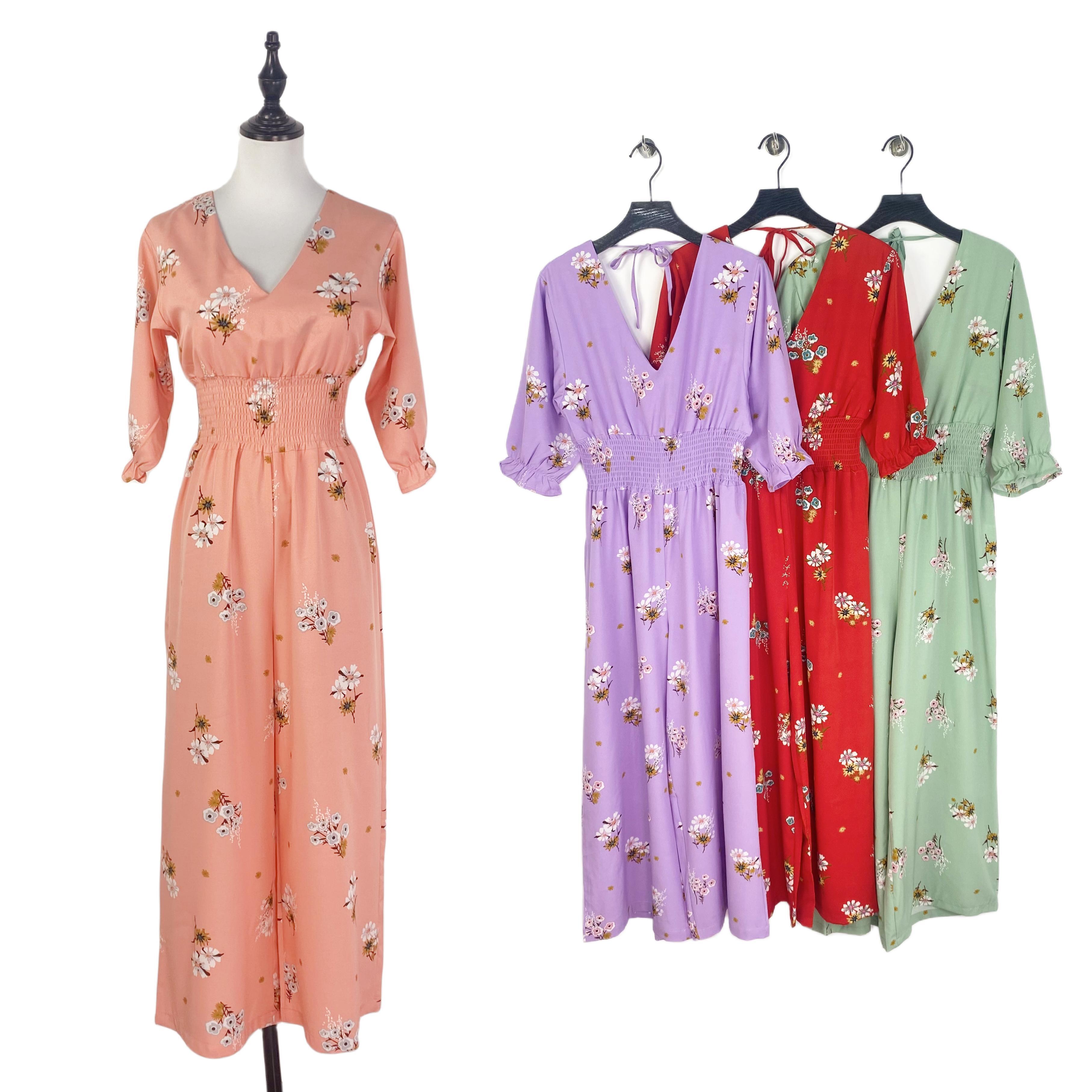 H3004外贸新款女装V领松紧高腰印花连体裤时尚五分袖连衣裤阔腿裤