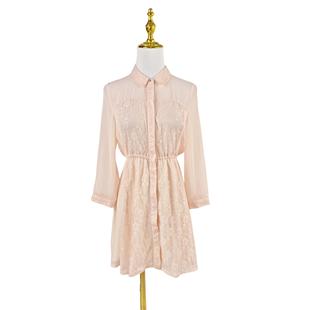 雪纺连衣裙 蕾丝拼接高腰女裙翻领蕾丝裙气质九分袖 K2087夏季 新款