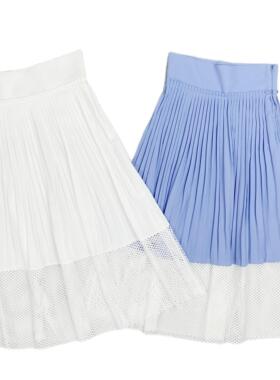 C1033外贸新款立体压褶侧拉链高腰女裙网眼布拼接半身裙百褶裙