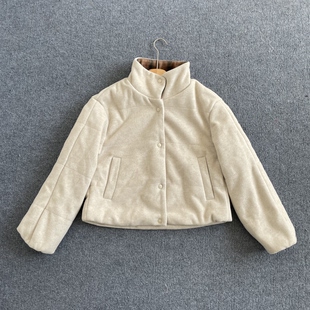 M5013日系米白色短款立领棉服小个子女单排扣宽松夹棉厚外套