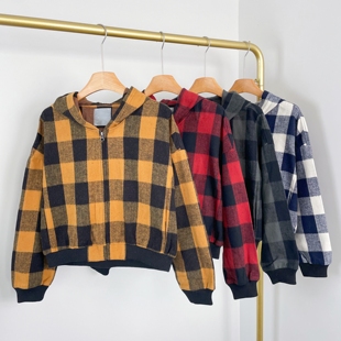 连帽外套宽松拉链开衫 全棉格子休闲短款 上衣 女装 J1011日单新款