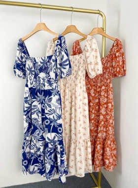 E7009秋季新款法式方领松紧褶皱女裙印花短袖连衣裙气质长裙