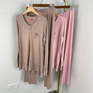 H2042新款两色玫瑰刺绣宽松亲肤透气长袖长裤家居服套装两件套