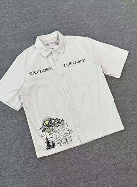C7184新款潮酷白色翻领短袖衬衫山脉地图印花宽松工装风百搭衬衣