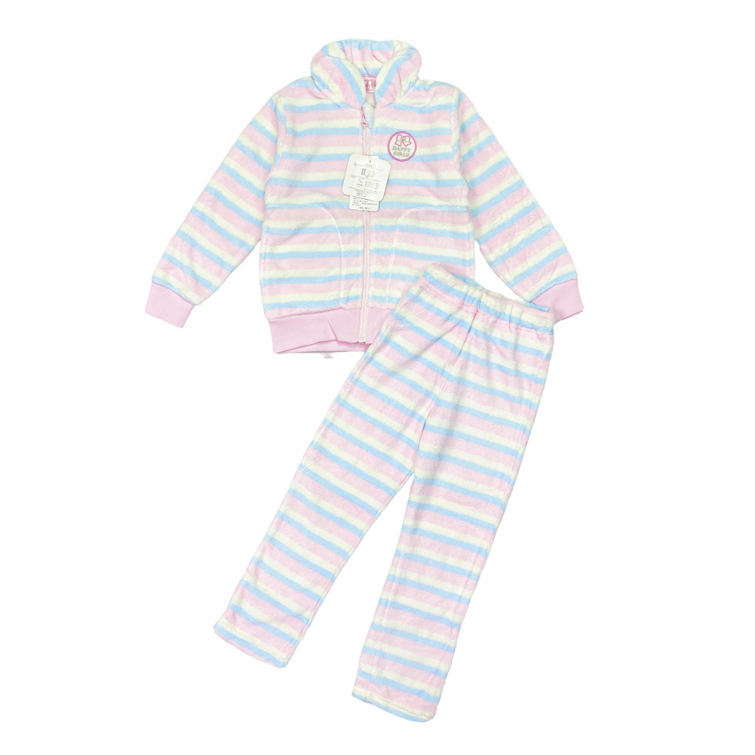 C7105日单新款女童刺绣贴布珊瑚绒睡衣套装柔软舒适家居服两件套