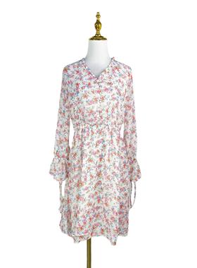 B2146木耳边V领碎花连衣裙2025新款女装松紧高腰洋气雪纺连衣裙