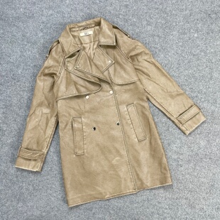 外套时髦气质双排扣PU皮大衣 肩袢设计中长款 050外贸新款 女装