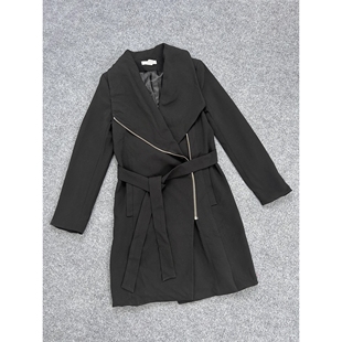女斜拉链系带腰中长款 风衣2025新款 气质外套 大翻领长袖 E6007时尚