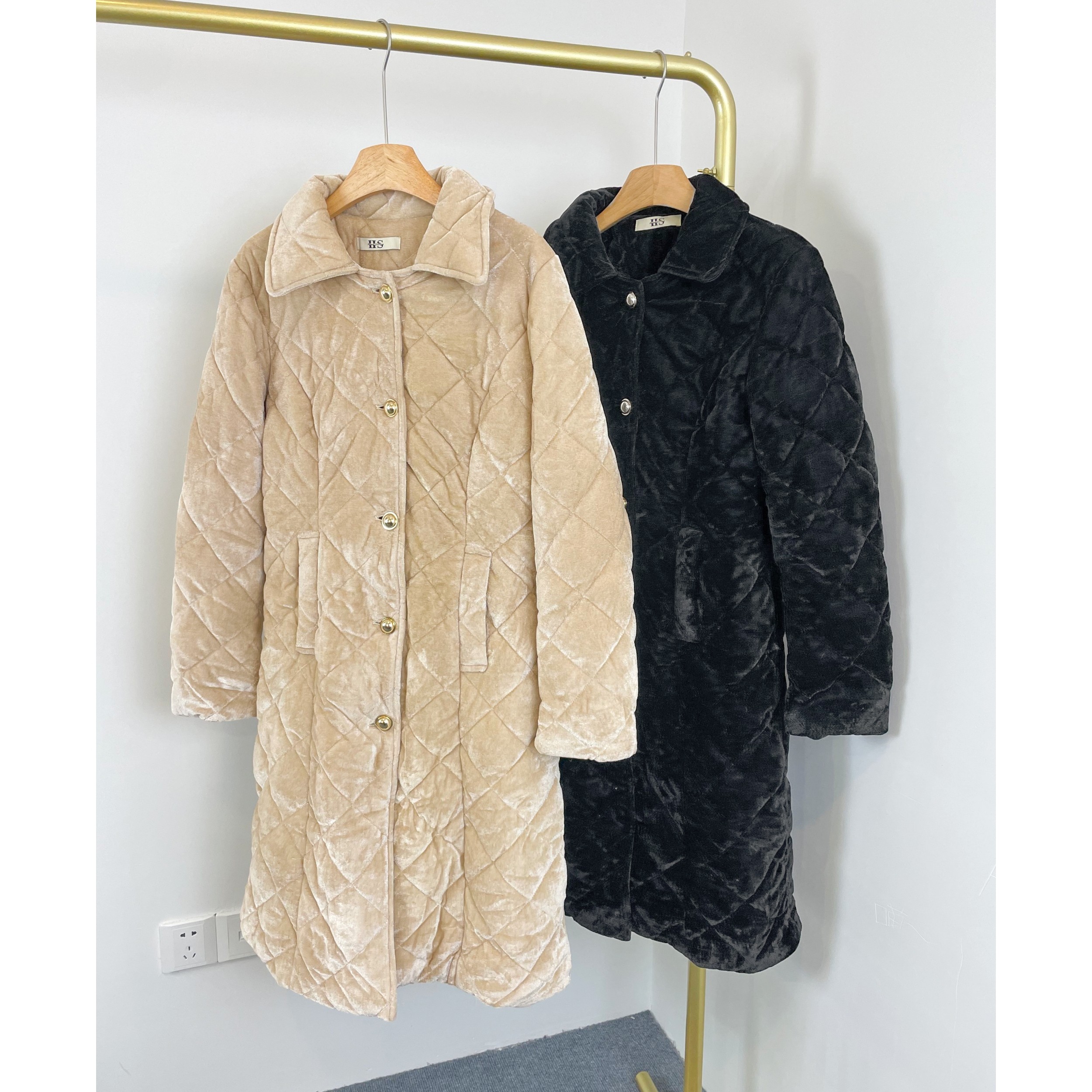 J1019外贸新款女丝绒菱格长款薄款棉服金属排扣翻领保暖棉衣外套,女装/女士精品,棉衣/棉服,淘宝优惠券,粉丝福利购,淘宝优惠卷