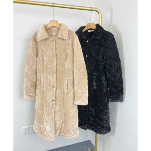 棉服金属排扣翻领保暖棉衣外套 薄款 J1019外贸新款 女丝绒菱格长款