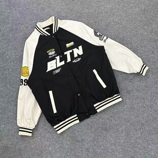 C7157新款 复古黑白拼色棒球服字母印花宽松夹克潮牌嘻哈外套 美式
